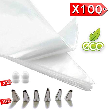 Cupcake Cake Decorating Bags Pastry Bag Piping Bag Disposable Cake Icing Decorating Piping Bags Set For Cake Decorating Reusable For Cookies Small 12 Inch 100PCS With 6 Decorating Tips 2 Coupler