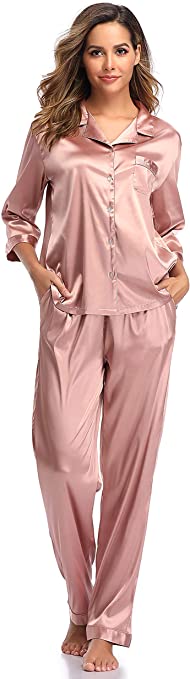 SHEKINI Women's Satin Silk Lace Kimono Robes Pajamas Set Bridesmaids Nightgown Sleepwear