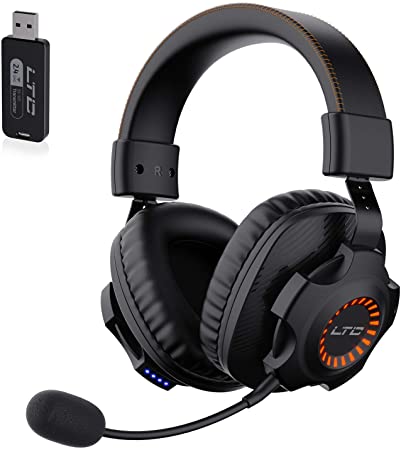 LTC 2.4G Wireless/Wired Gaming Headset, Detachable Noise Canceling Microphone, Orange LED Light Headphones for PC Laptop Mac Nintendo Switch Games