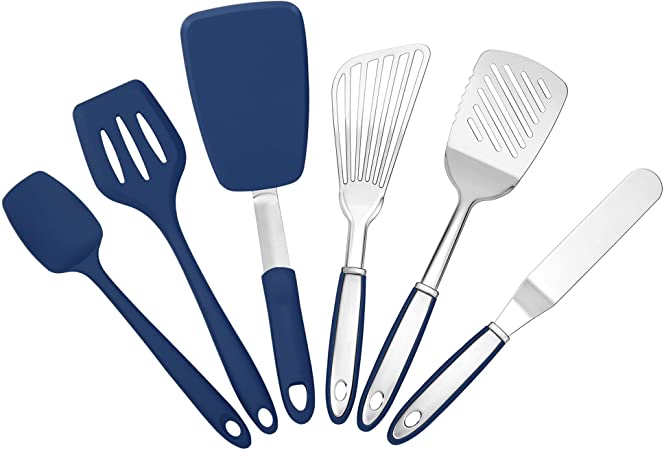 To encounter Spatula Set, Stainless Steel Fish Spatula, Flexible Silicone Spatula, Turner, Dishwasher Safe, Ideal for Flipping Eggs, Burgers, Crepes, Set of 6, Blue
