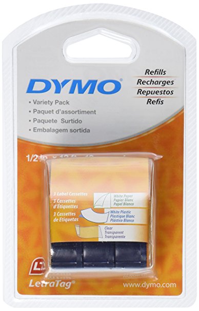 DYMO LetraTag Labeling Tape for LetraTag Label Makers, Black print on White Paper, White Plastic and Clear plastic tapes, 1/2'' W x 13' L, 3 rolls (12331)