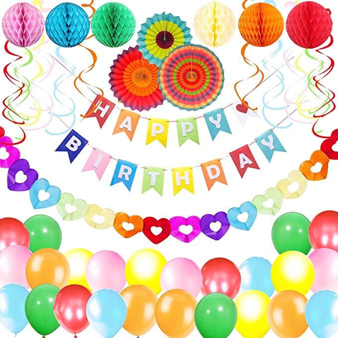 Birthday Decorations 60 Pieces Happy Birthday Banner Party Decorations for Adults and Kids Party Supplies for Boys and Girls 24 Latex Birthday Balloons 6 Honeycomb Balls by Allseasonsuk