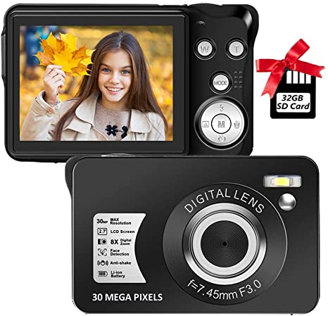 Digital Camera 2.7 Inch LCD Rechargeable HD Digital Camera Compact Camera Pocket Digital Cameras 30 Mega Pixels with 8X Zoom for Adult Seniors Students Kids with 32GB SD Card(1 Battery Included)
