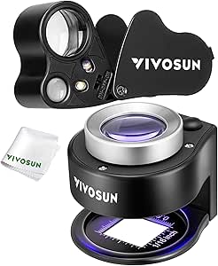 VIVOSUN 2-Pack Jewelry Loupe, 30X and 60X Foldable Magnifier UV/LED Lights, Desktop Loupe with LED & UV Lights for Jewelry, Gems, Watches, Coins, and Stamps, Black