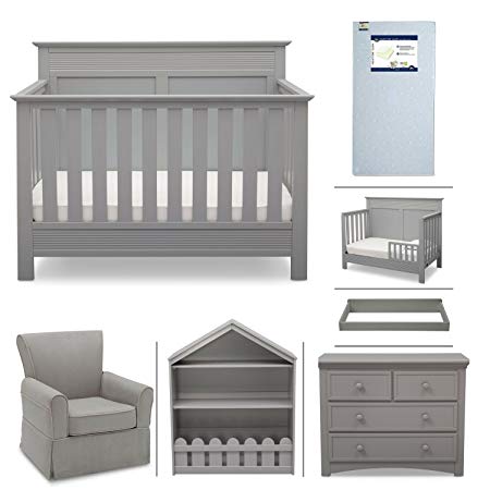 Crib Furniture - 7 Piece Nursery Set with Crib Mattress, Convertible Crib, Dresser, Bookcase, Glider Chair, Changing Top, Toddler Rail, Serta Fall River - Gray/Dove Gray