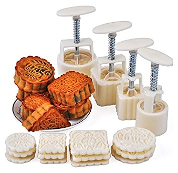 LMS Party Moon Cake Mold - 12 Stamps and 4 Sets - Mid Autumn Festival DIY Decoration - 50g/100g - White