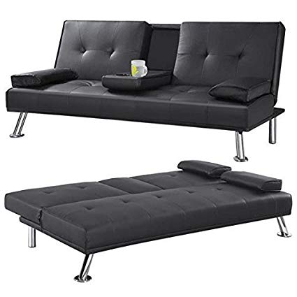 Yaheetech Modern Extra Comfort 3 Seater Faux Leather Sofa Bed with Cup Holder,Black