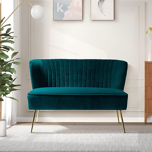 HULALA HOME Velvet Loveseat Sofa with Gold Legs, Mid-Century Modern Upholstered Love seat Couch, Tufted Small 2-Seat Sofa Armless for Living Room, Bedroom, Apartment Small Spaces, Teal