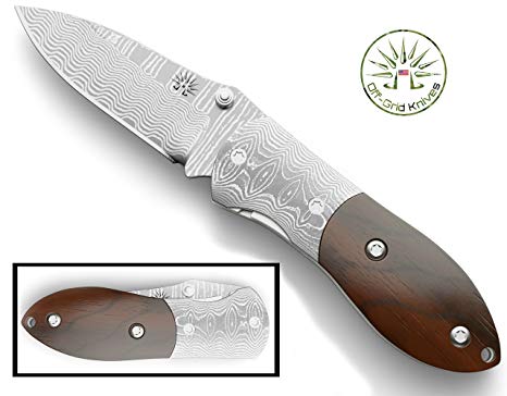 Off-Grid Knives - OG-161 - Compact Pocket Folder with Polished Wood & Damascus Handle and Bolster, Damascus Blade, Liner Lock & Right Thumb Stud (Only 2.4 oz)