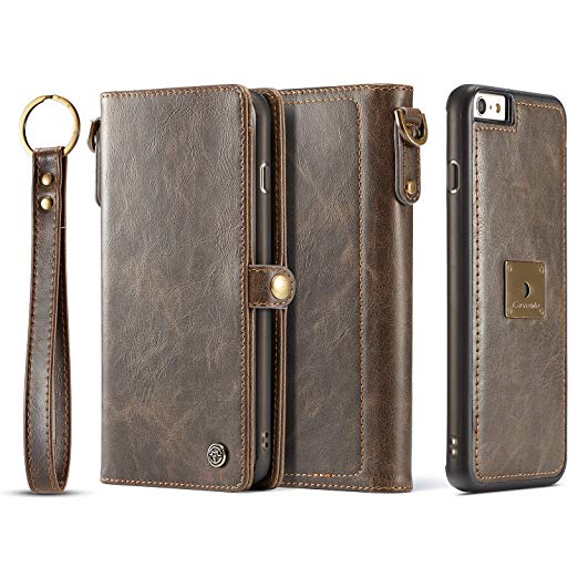 XRPow iPhone 6S Plus Magnetic Detachable Case, Wrist Strap Slim Cover Leather Folio Wallet Holder Case for Apple iPhone 6 Plus /6s Plus 5.5inch Brown