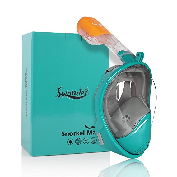 Swonder 2018 Newest Version 180° Panoramic Sea View Full Face Snorkel Mask-Tubeless Snorkeling Set with Action Camera Mount and Warning Top. Easy for Breath with Anti-Fog, Anti-Leak for Adults & Kids