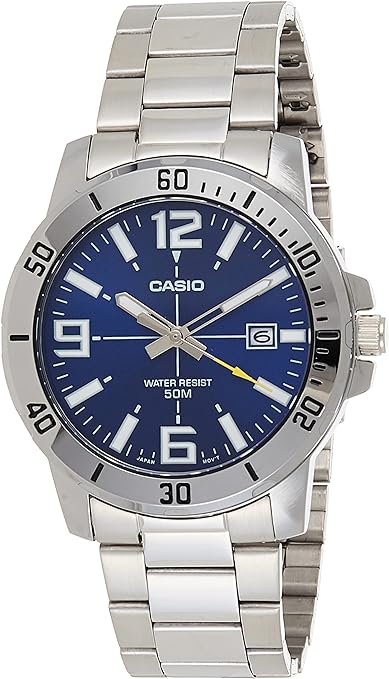 Casio Men's Diver Style Stainless Steel Watch (Model: MTPVD01D-2BV) (Blue Dial), Silver-Tone, Quartz Watch