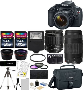 Canon EOS Rebel T5 18MP EF-S Digital SLR Camera USA warranty with canon EF-S 18-55mm f/3.5-5.6 IS II Zoom Lens & EF 75-300mm f/4-5.6 III Telephoto Zoom Lens   58mm Telephoto Lens   58mm Wide Angle Lens   Slave Flash   Spare Battery   UV Filter Kit with 48GB Complete Deluxe Accessory Bundle
