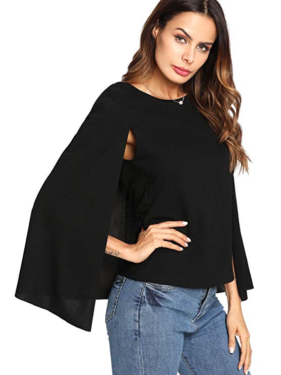 Romwe Women's Elegant Cape Cloak Sleeve Round Neck Party Top Blouse