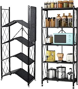 BRIGHTSHOW 5 Tier Storage Shelves Unit, Foldable Garage Shelving Metal Wire Shelf Rack, No Assembly Baker Rack Organizer Microwave Stand for Kitchen, Basement, Pantry, Laundry Room (5 tire Shelf)