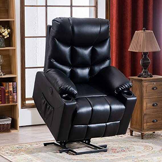 RELAXIXI Power Lift Recliner Chair, Electric Recliners for Elderly, Heated Vibration Massage Sofa with USB Ports, Remote Control, 3 Positions, 2 Side Pockets and Cup Holders (Faux Leather, Black)