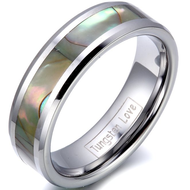 JewelryWe 6mm Comfort Fit High Polish Tungsten Carbide Ring with Artificial Abalone Shell Inlay Ladies Wedding Band Engagement Ring