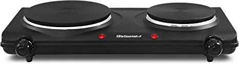 Elite Gourmet EDB-302BF# Countertop Dual Flat Burner, Electric Hot Burner, Temperature Controls, Power Indicator Lights, Easy to Clean, 1500 Watts (Black)