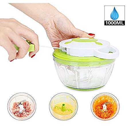 Manual Food Chopper,HOMMINI 1000ML Powerful Handheld Shredder and Speedy Chopper Handpower Mincer Blender Mixer processor for Vegetable Fruits Nuts Onions and Meat