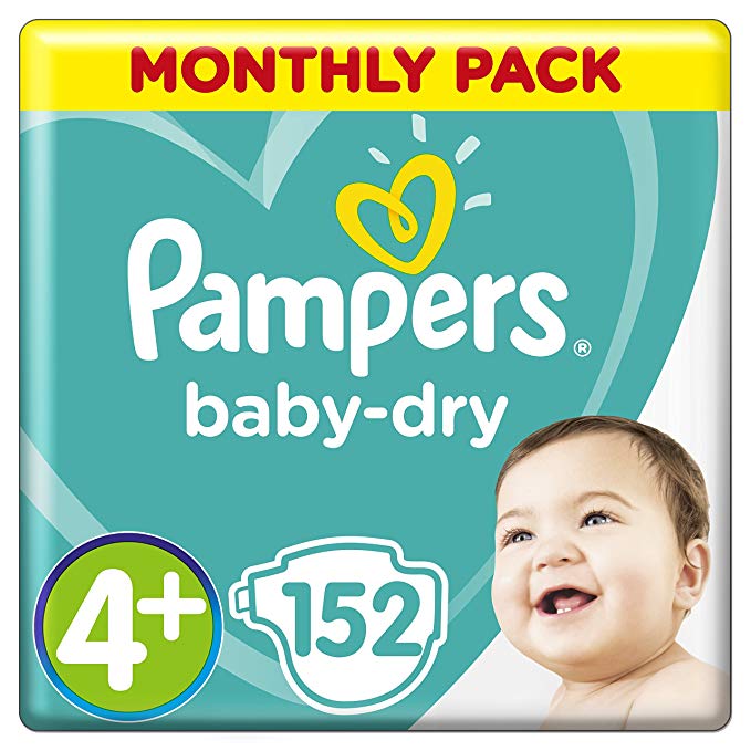 Pampers Baby-Dry Size 4 , 152 Nappies, 10-15 kg, Air Channels for Breathable Dryness Overnight, Monthly Pack