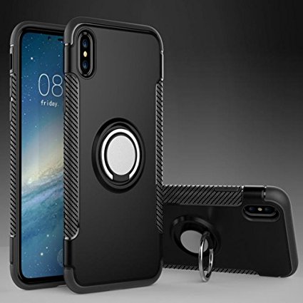 iPhone X Magnetic Car Phone Stand Case,Inspirationc 2 in 1 Shockproof 360 Degree Rotating Ring Stand with Rubber Case for iPhone X--Black