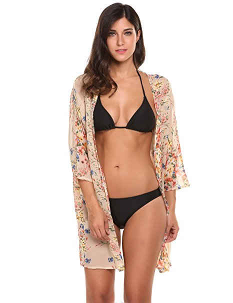 Beyove Women's Long Sleeve Chiffon Kimono Floral Cardigan Sheer Boho Cover Up