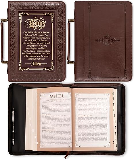 Christian Art Gifts Classic Bible & Book Cover for Men & Women: The Lord's Prayer - Matthew 6:9-13 Sturdy Inspirational Scripture Carry Case Accessory w/Pockets, Walnut Brown & Burgundy w/Gold, Large