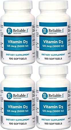 Vitamin D3 High Potency 5000 IU 100 Softgels per Bottle Pack of 4