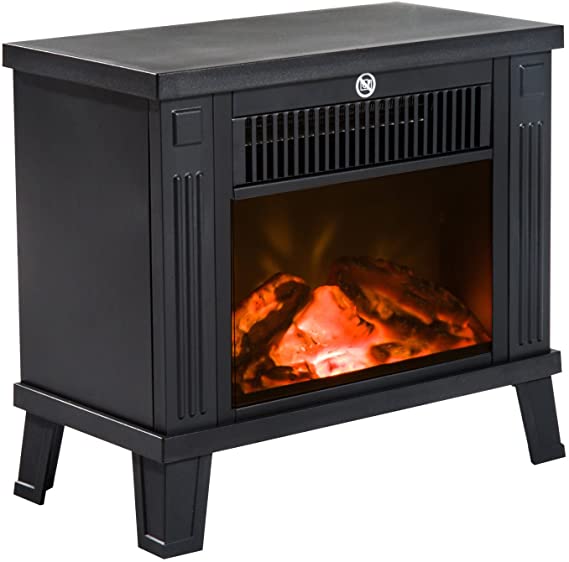 HOMCOM Chimenea Eléctrica Calefactor Tipo Estufa de Pie con Efecto de Leña Ardiendo 600W/1200W 34x17x31cm Metal Negro