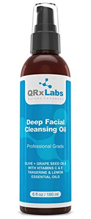 Deep Facial Cleansing Oil with Olive and Grape Seed Oils, Tangerine & Lemon Essential Oils, Boosted with Vitamins C & E - BEST Cleanser for Dry Skin - Makeup Remover & Face Wash - 6 fl oz