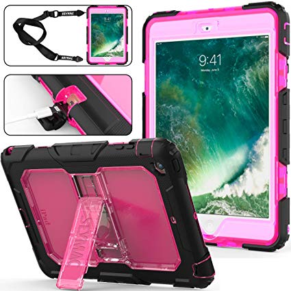 SEYMAC Stock for iPad Mini 2 Case, 3 Layers Shockproof Full-Body Rugged Hard PC & Soft Silicone Case with [Portable Shoulder Strap] & [Built-in Kickstand] for iPad Mini 1/2/3 (Rose/Black)
