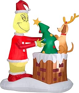 Gemmy Animated Airblown Inflatable Grinch Pulling Tree from Chimney Scene Dr. Seuss, 6.5 ft Tall