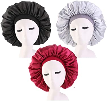3 Pack Satin Silk Bonnet Sleep Cap Extra Large Jumbo Day and Night Cap Hat Salon Bonnet Head Hair Covers Chemo Caps with Elastic Wide Band for Black Women Long Curly Natural Hair Braids
