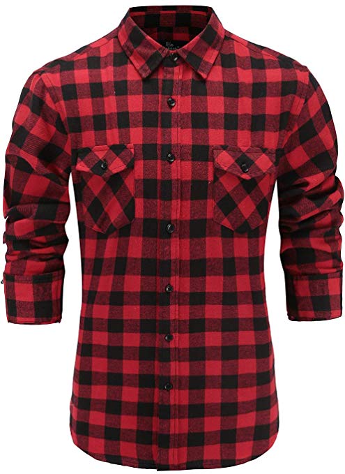 Emiqude Men's Flannel Cotton Slim Fit Stylish Long Sleeve Double Pocket Casual Plaid Western Shirt