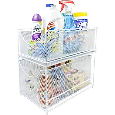 Sorbus Cabinet Organizer Set—Mesh Storage Organizer with Pull Out Drawers—Ideal for Countertop, Cabinet, Pantry, Under the Sink, Desktop and More (White Two-Piece Set)