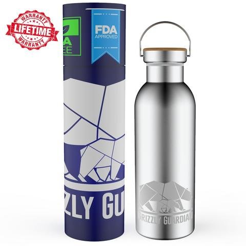 LIFETIME GUARANTEE - GRIZZLY GUARDIAN® Stainless steel water bottle 500ml,100% Leak Proof, double wall vacuum insulated for cold/hot drinks. Includes bamboo lid, BPA free sports cap, cleaning brush & carry pouch. PURCHASE AND WE PLEDGE TO PLANT MORE TREES
