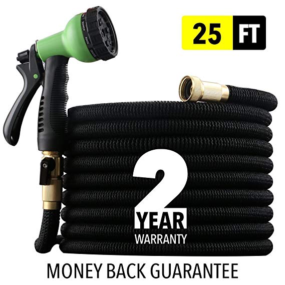 EnerPlex [2019 UPGRADED] X-STREAM 25 ft Non-Kink Expandable Garden Hose, 10-PATTERN Spray Nozzle INCLUDED, 3/4” Brass Fittings Shutoff Valve, BEST 25' Foot Garden Hose - 2 YEAR WARRANTY - Black