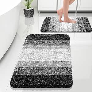 OLANLY Luxury Bathroom Rug Set 2 Piece, Soft Absorbent Microfiber Bath Rug Set, Non-Slip Striped Bath Carpet, Machine Wash Dry, Bath Mats for Bathroom (30"x20" 24"x16", Black)