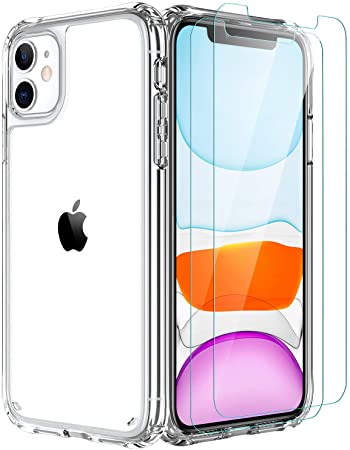 iPhone 11 Case，[Airbag Series] with [2 x Tempered Glass Screen Protector] [ Military Grade ] | 15Ft. Drop Tested [Scratch-Resistant] | Wireless Charging | for Apple iPhone 11 6.1 Inc- Clear