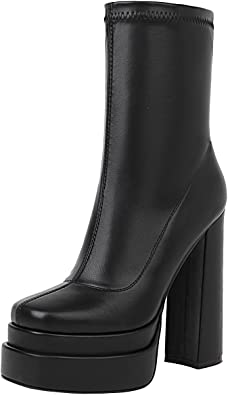 vivianly Womens Platform Mid Calf Boots Square Toe Chunky Heel Ankle Booties Side Zipper Chelsea Short Boot