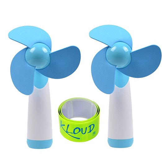 KLOUD City 2 Pcs Blue Personal Hand-held/Portable Battery Operated Mini Air Fan for Home and Travel Plus 1 pcs reflective snap / pop armband / leg band / ankleband / tape / strap