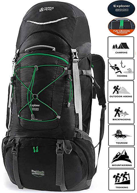 TERRA PEAK Adjustable Hiking Backpack 55L/65L/85L 20L for Men Women With Free Rain Cover Included Black Navy Green and Dark Grey