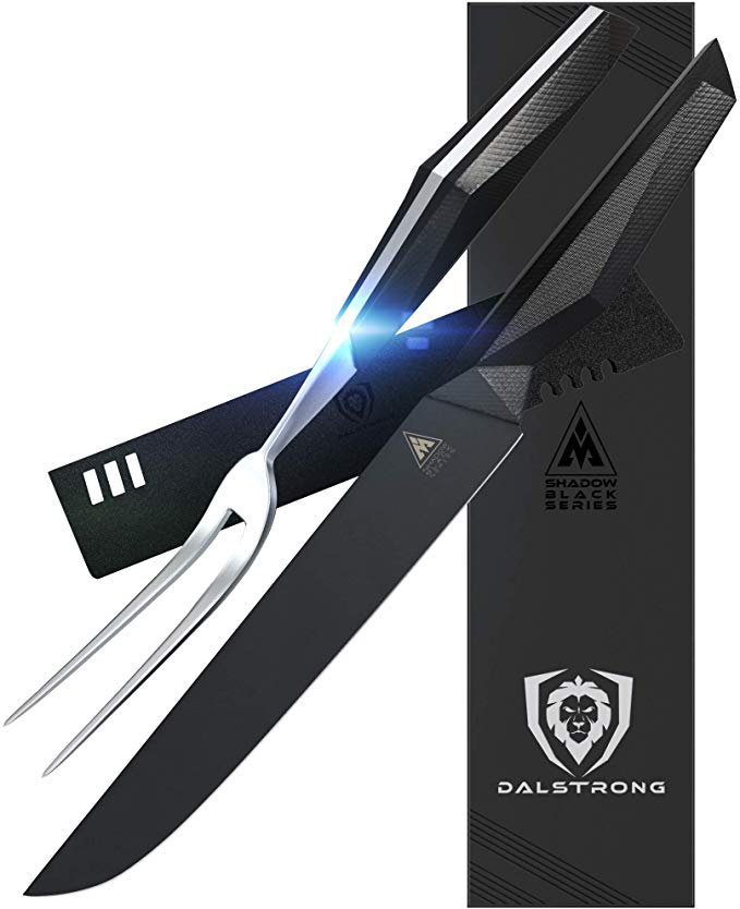 DALSTRONG - 9" Carving Knife & Fork Set - Shadow Black Series - Black Titanium Nitride Coated German HC Steel - Sheath - NSF Certified