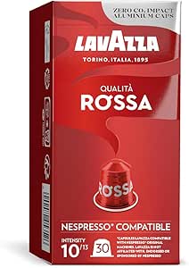 Lavazza, Qualità Rossa, 30 Aluminium Capsules Compatible with Nespresso Original Machines, with Chocolate and Dried Fruit Notes, Arabica and Robusta, Intensity 10/13, Medium Roasting, Zero CO2 Impact