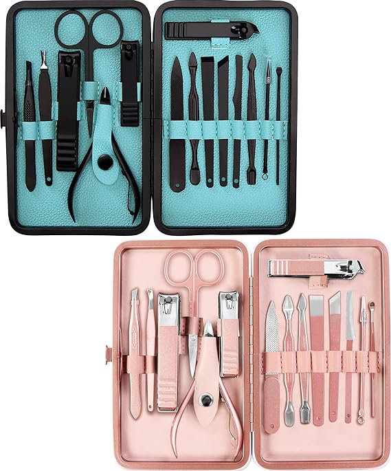 Utopia Care 15 Pieces Manicure Sets - Premium Stainless Steel Grooming Kits - Professional Manicure and Pedicure Kit - Facial, Cuticle and Nail Care Tools with Luxurious Travel Case (Black and Pink)