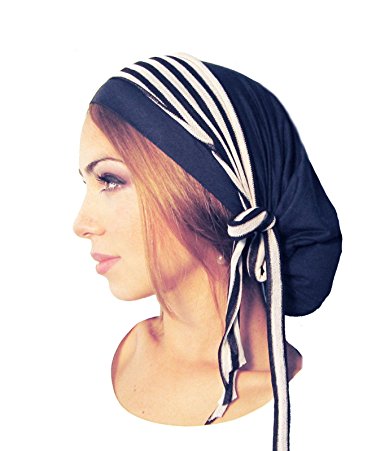 Soft Pre-tied Navy Blue Head-scarf Snood with Black & White Stripe Wrap - 093