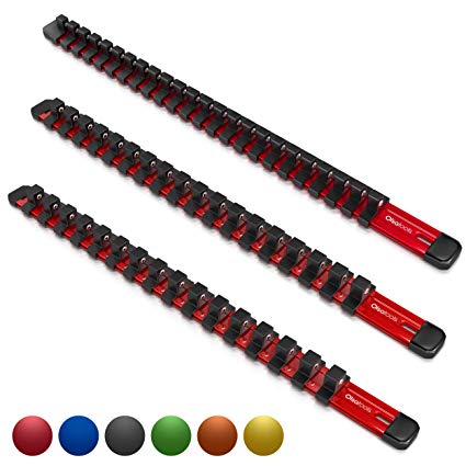 Olsa Tools | 3 Pcs Kit Aluminum Socket Holder | 1/4-Inch, 3/8-Inch, 1/2-Inch Drive | Premium Quality Socket Organizer Set (RED)