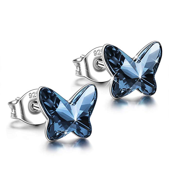 ANGEL NINA Women Butterfly Series Pierced Stud Earrings Neckalce 925 Sterling Silver with Blue Swarovski Crystals, Christmas Gifts Elegant Jewellery Gift Box, Nickel Free Passed SGS Test
