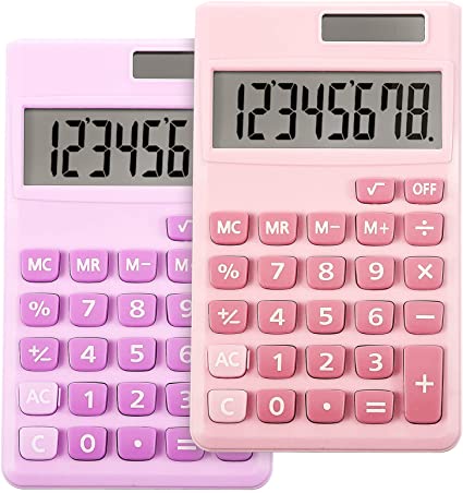 2 Pieces Basic Standard Calculators Mini Digital Desktop Calculator with 8-Digit LCD Display, Battery Solar Power Smart Calculator Pocket Size for Home School for Kids (Purple, Pink)