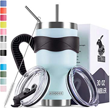 Koodee 30 oz Stainless Steel Tumbler Insulated Coffee Travel Mug with 2 Lids, 2 Straws, Pipe Brush,Handle, Gift Box (30 oz, Tiffany Blue)